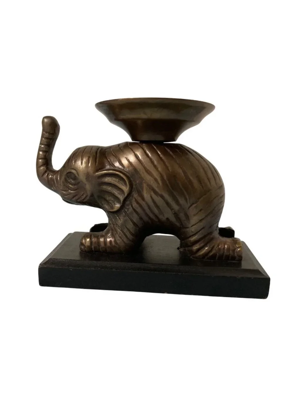 Vintage Elephant Candle Holder Statue On Wooden Base